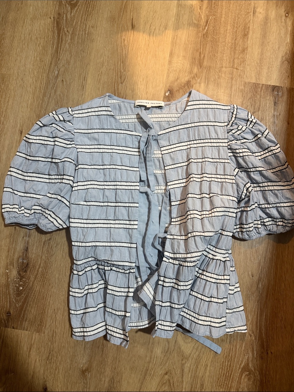 English Factory Light Blue Striped Puff Sleeve Tie-Front Blouse